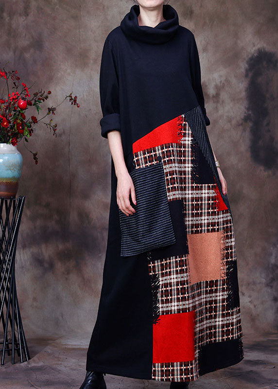 Black Turtle Neck Patchwork Woolen Dress Spring