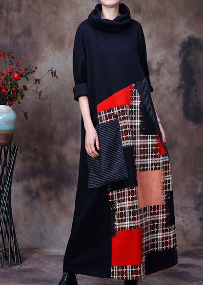Black Turtle Neck Patchwork Woolen Dress Spring
