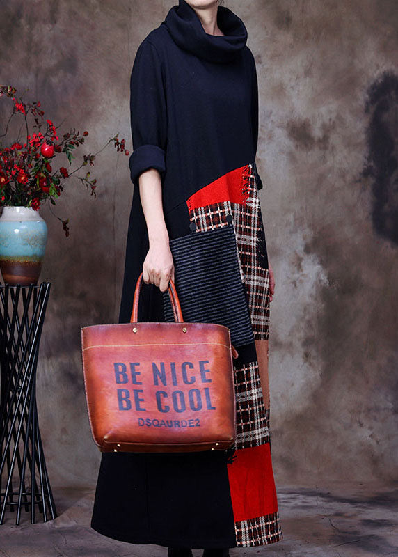 Black Turtle Neck Patchwork Woolen Dress Spring