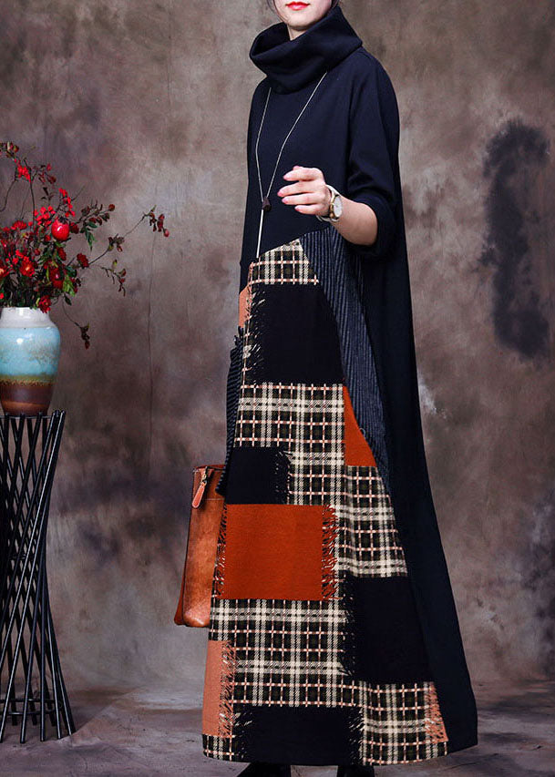 Black Turtle Neck Patchwork Woolen Dress Spring