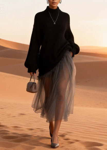 Black Turtleneck Knitted Cotton Patchwork Tulle Long Dresses Spring