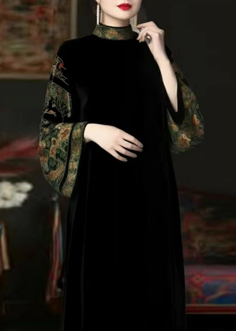 Black Turtleneck Print Patchwork Silk Long Dresses Fall