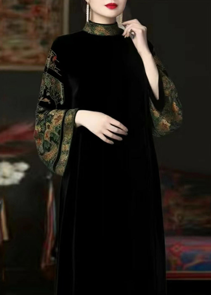 Black Turtleneck Print Patchwork Silk Long Dresses Fall