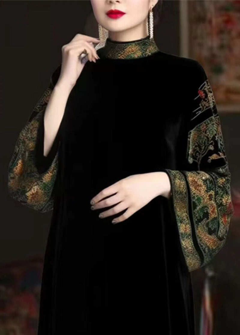 Black Turtleneck Print Patchwork Silk Long Dresses Fall