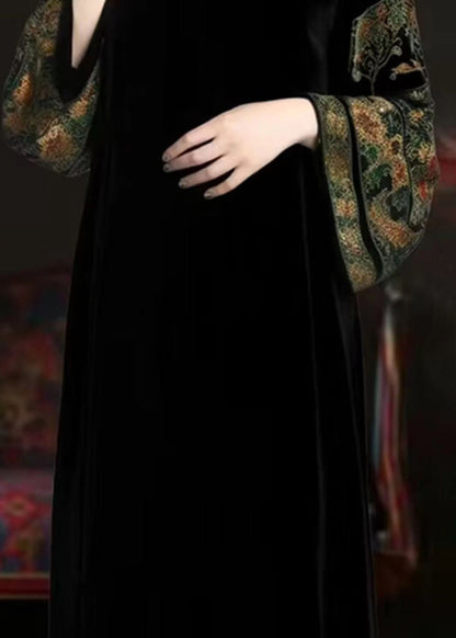 Black Turtleneck Print Patchwork Silk Long Dresses Fall