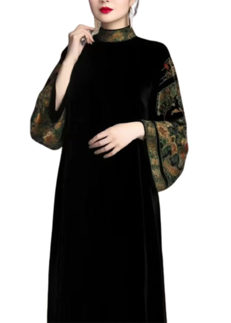 Black Turtleneck Print Patchwork Silk Long Dresses Fall