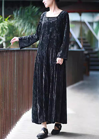 Black U Neck Print Velvet Long Dresses Spring
