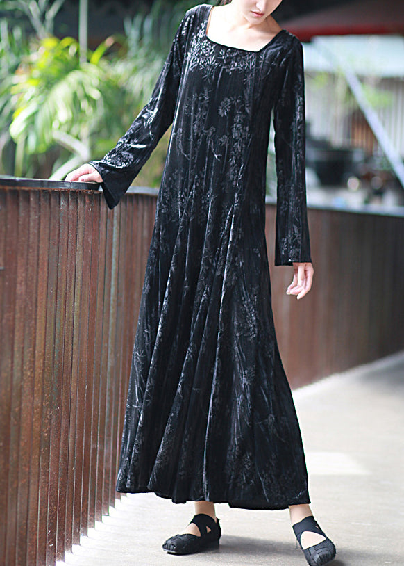 Black U Neck Print Velvet Long Dresses Spring
