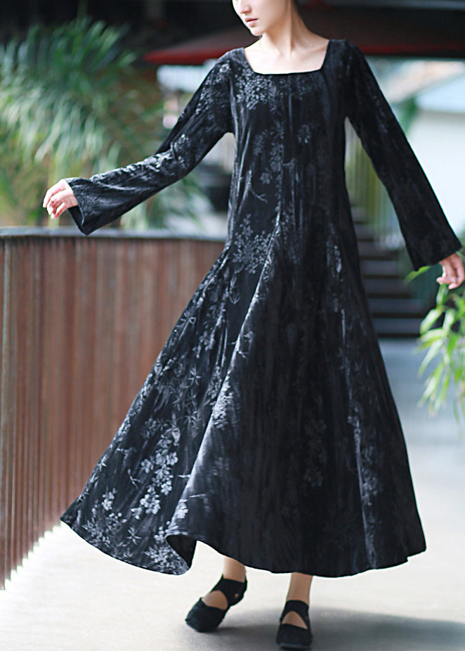 Black U Neck Print Velvet Long Dresses Spring