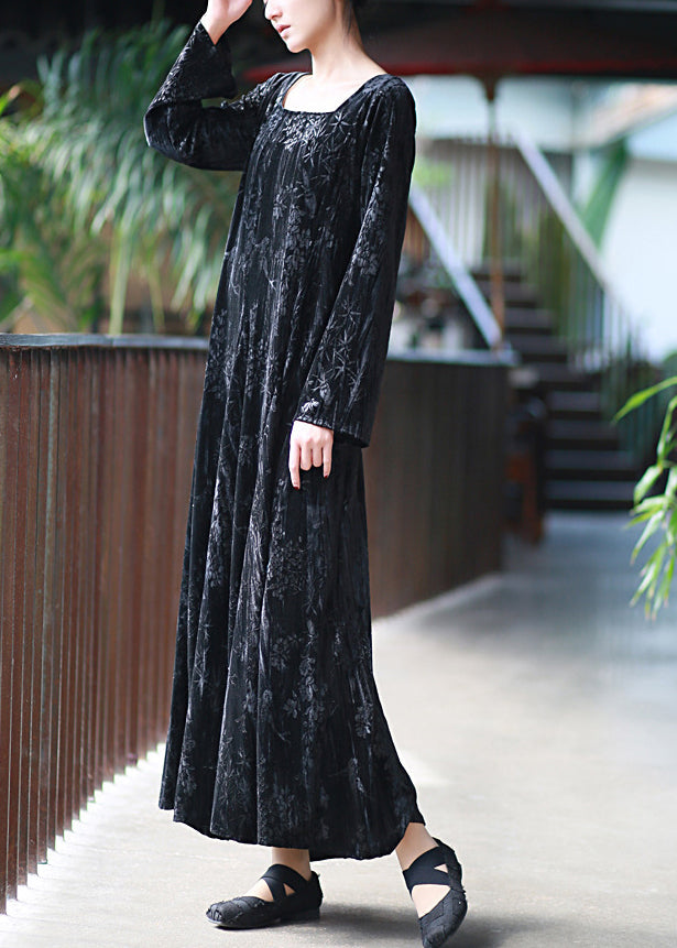 Black U Neck Print Velvet Long Dresses Spring