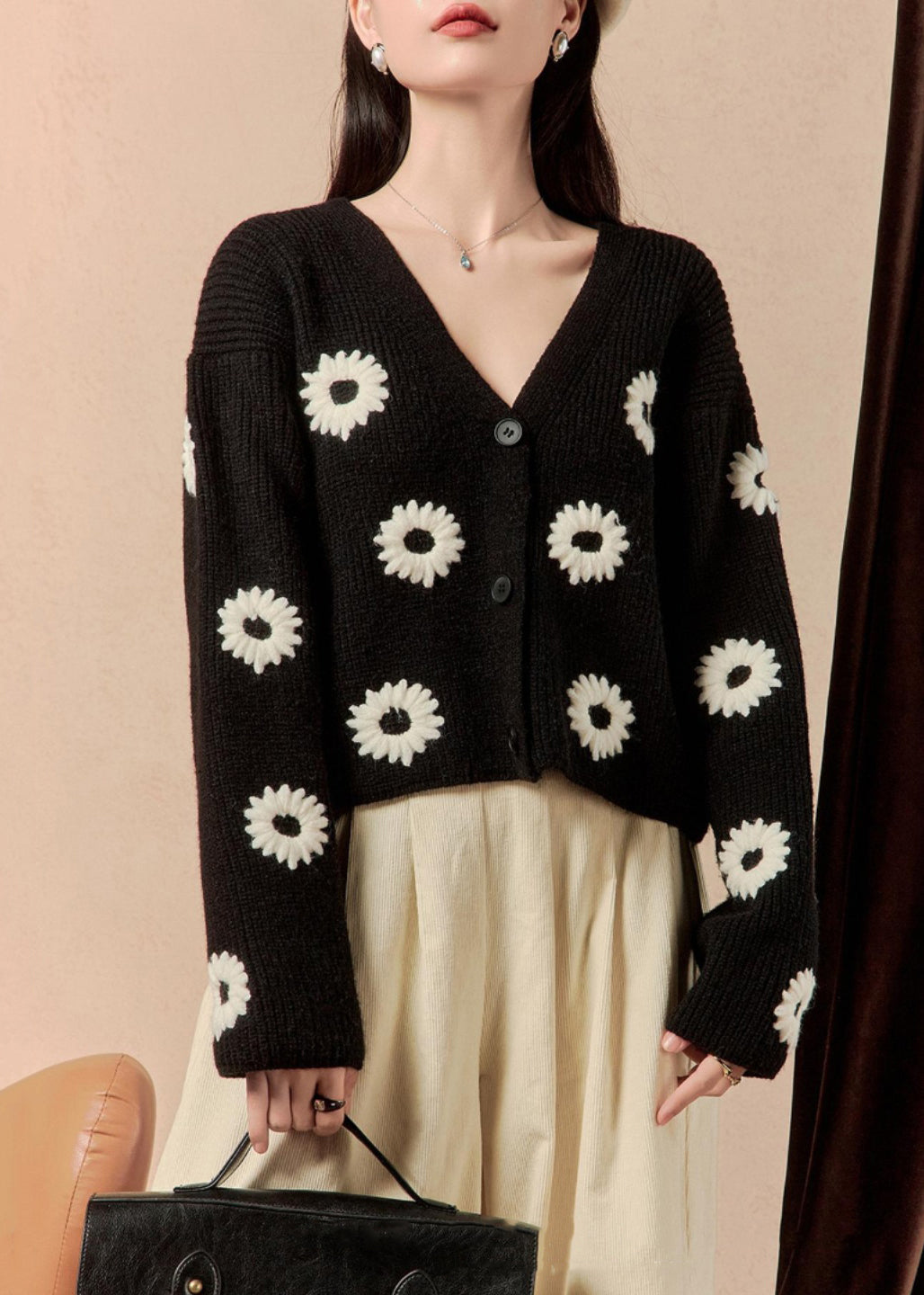 Black V Neck Button Knit Sweaters Winter
