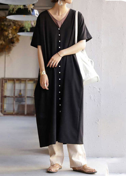 Black V Neck Button Maxi Dress Short Sleeve