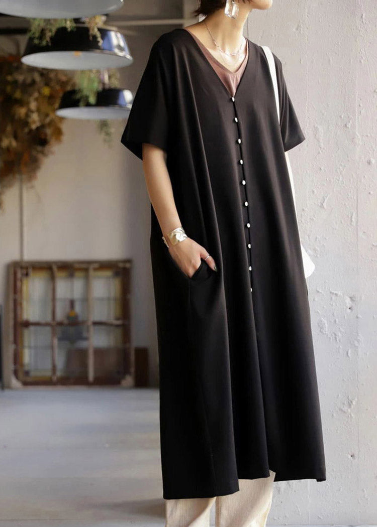 Black V Neck Button Maxi Dress Short Sleeve