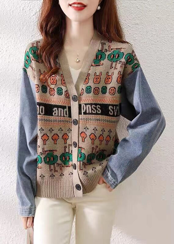 Black V Neck Button Patchwork Knit Sweaters Cardigan Fall