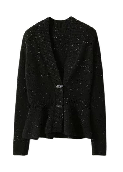 Black V Neck Dot Button Thick Cashmere Sweater Long Sleeve