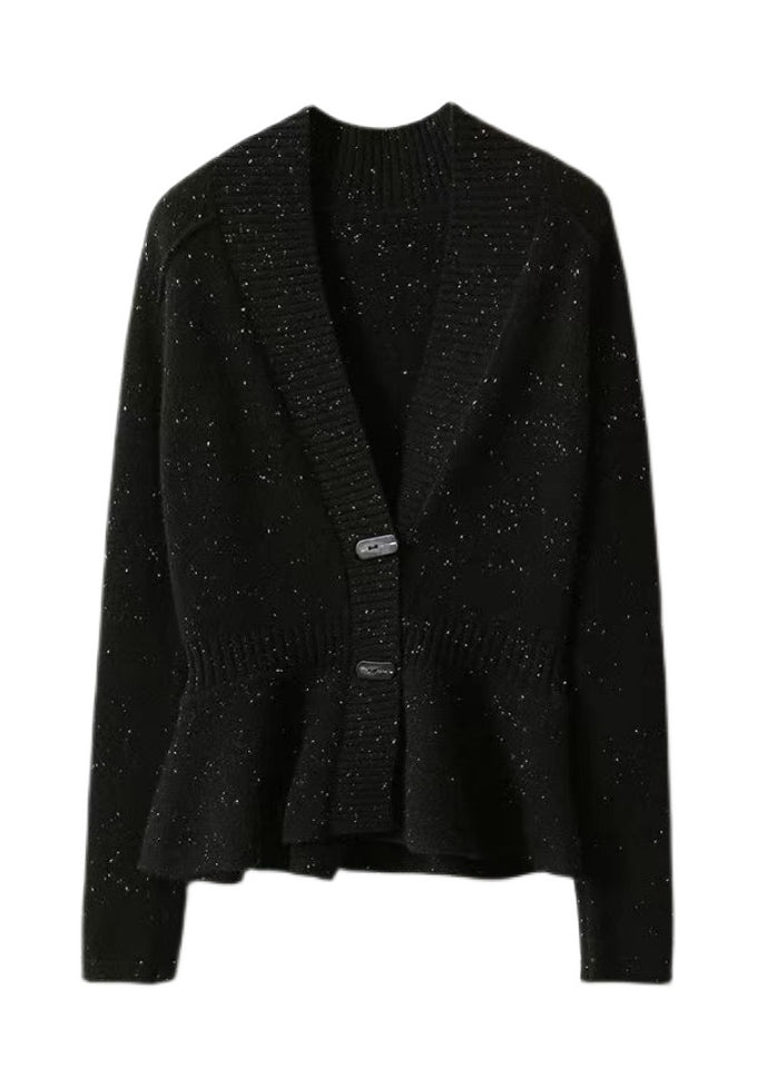 Black V Neck Dot Button Thick Cashmere Sweater Long Sleeve