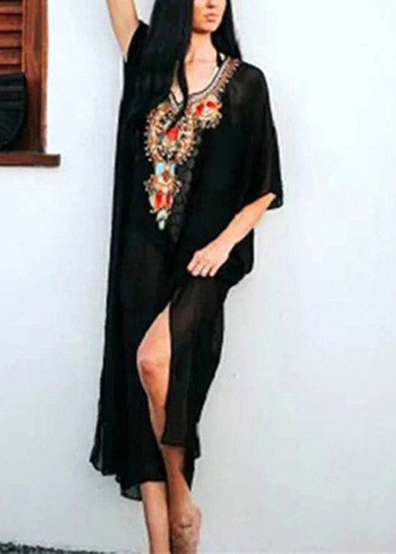 Black V Neck Embroideried Chiffon Long Beach Dresses Batwing Sleeve