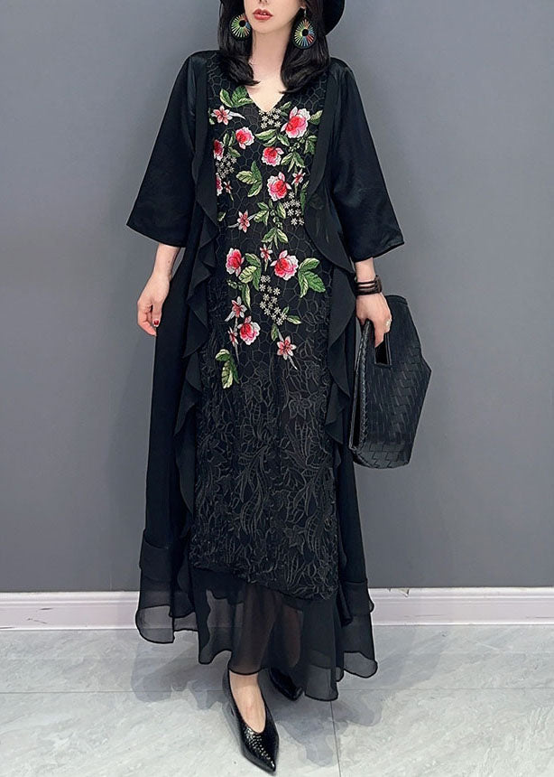 Black V Neck Embroideried Patchwork Chiffon Long Dress Summer