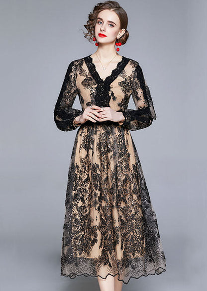Black V Neck Embroideried Patchwork Tulle Dresses Long Sleeve