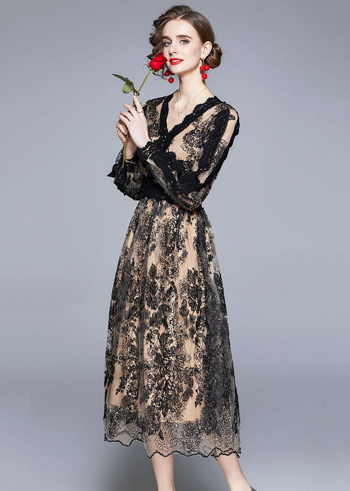 Black V Neck Embroideried Patchwork Tulle Dresses Long Sleeve
