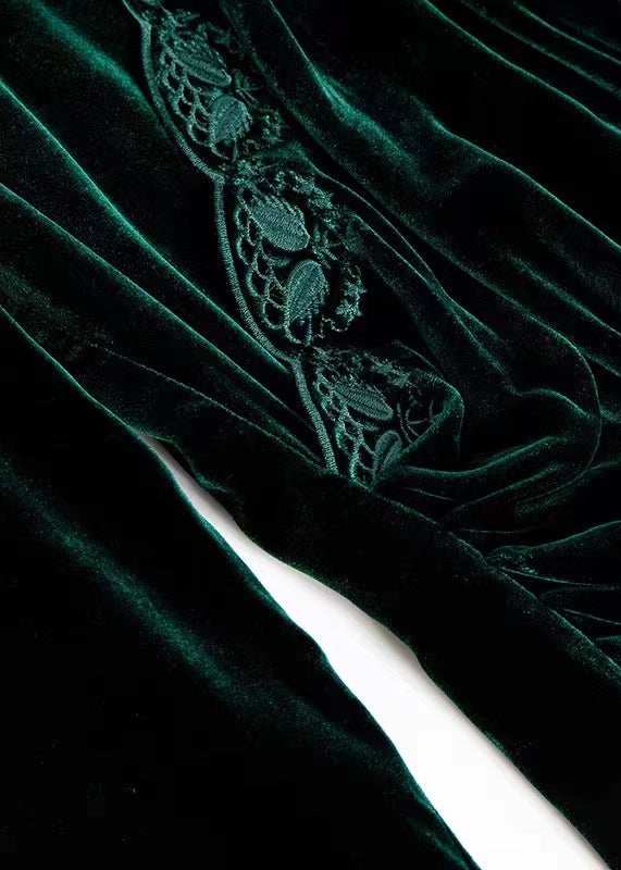 Black V Neck Embroideried Silk Velour Top Long Sleeve