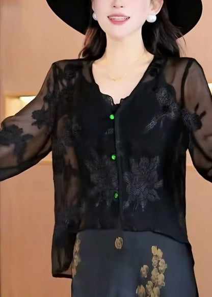 Women Black V Neck Jacquard Chiffon Top Fall