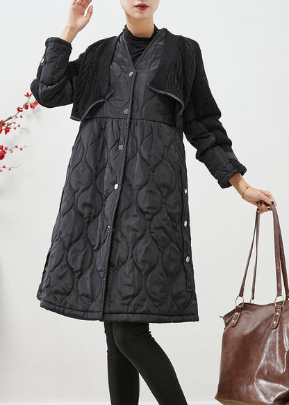 Black V Neck Knit Patchwork Fine Cotton Filled Witner Coats
