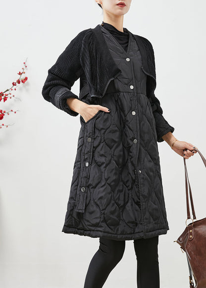 Black V Neck Knit Patchwork Fine Cotton Filled Witner Coats