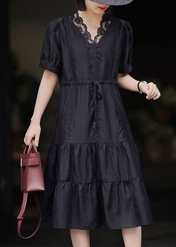 Black V Neck Lace Patchwork Chiffon Dresses Summer