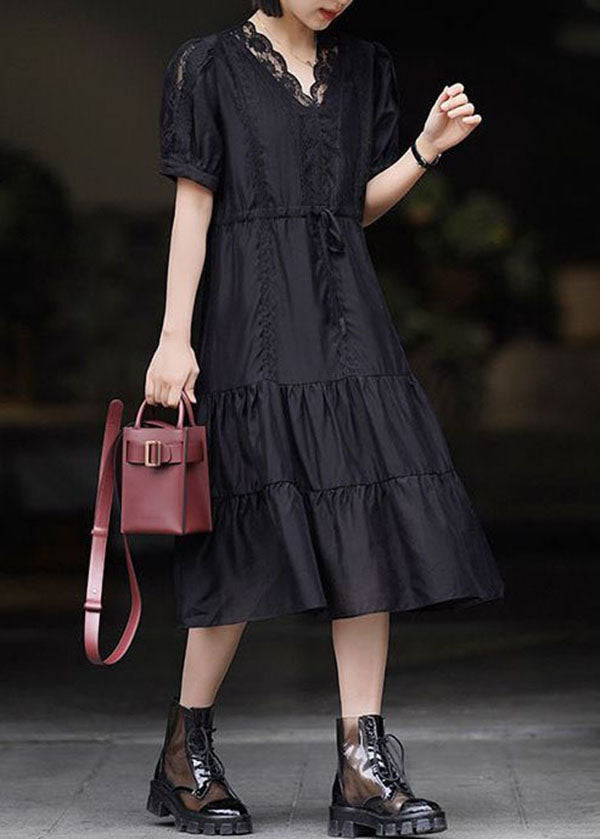 Black V Neck Lace Patchwork Chiffon Dresses Summer