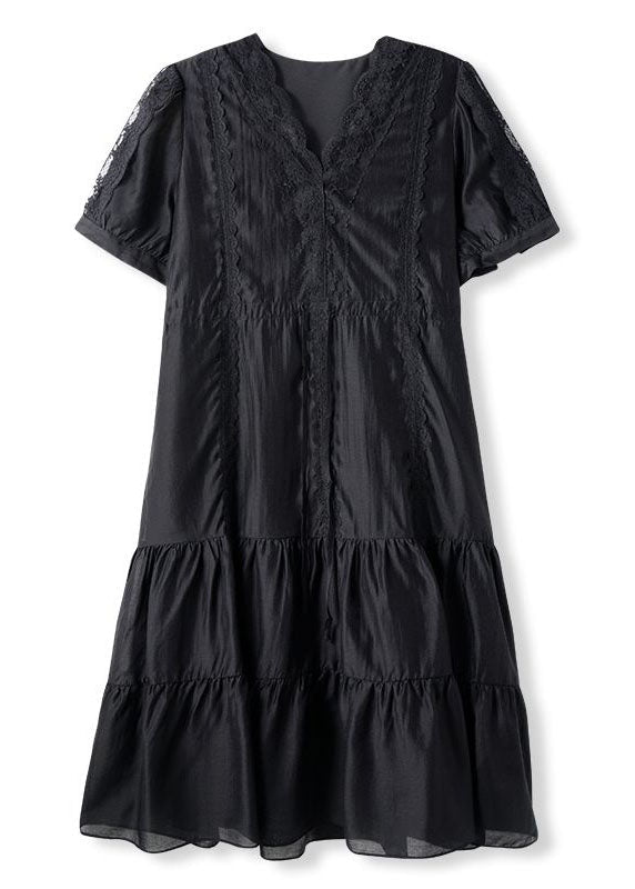 Black V Neck Lace Patchwork Chiffon Dresses Summer