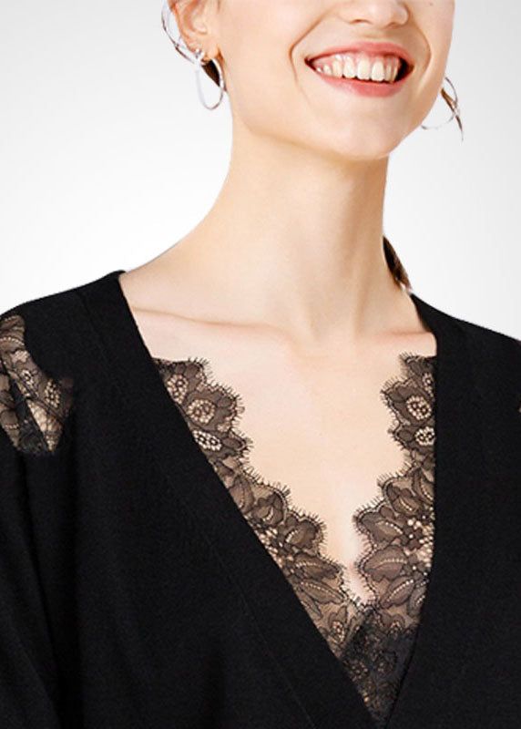 Black V Neck Lace Patchwork Hollow Out Wool Knitted Tops Winter