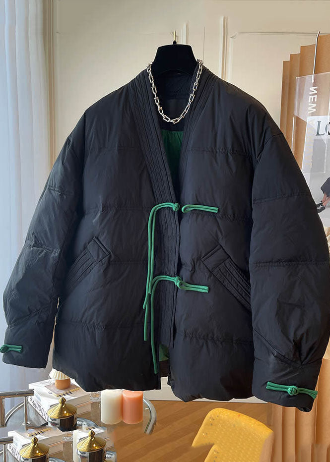 Black V Neck Oversized Oriental Button Fine Cotton Filled Jackets Winter