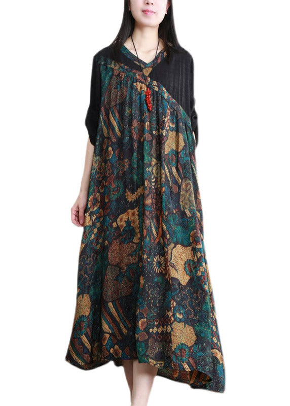 Black V Neck Patchwork Asymmetrical Print Silk Dress Three Quarter Sleeve