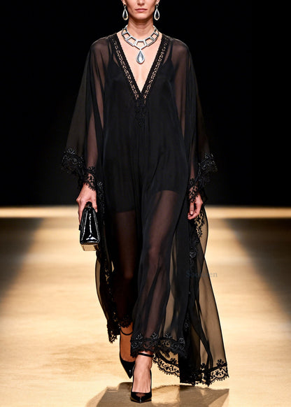 Black V Neck Patchwork Chiffon Maxi Dresses Summer