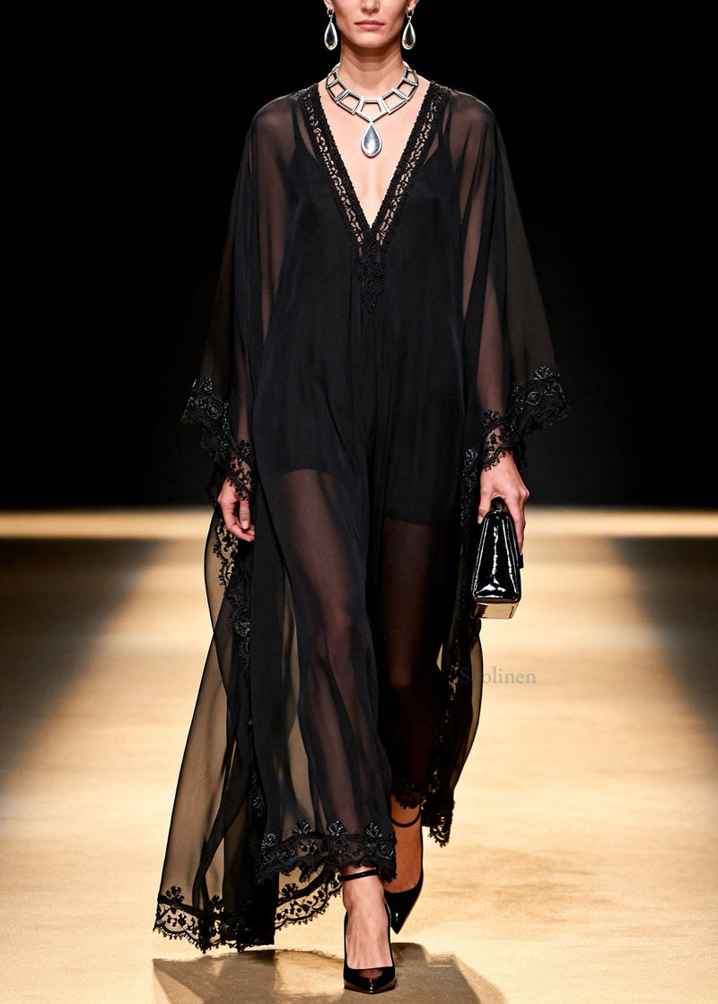 Black V Neck Patchwork Chiffon Maxi Dresses Summer