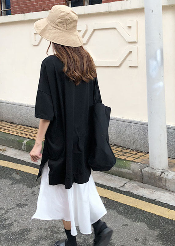 Black V Neck Patchwork Cotton Dress Short Sleeve
