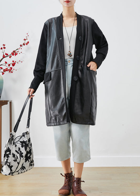 Black V Neck Patchwork Faux Leather Coat Fall