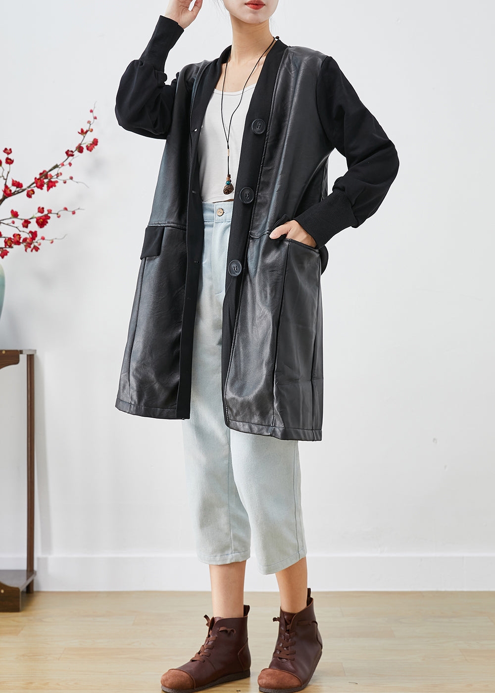 Black V Neck Patchwork Faux Leather Coat Fall