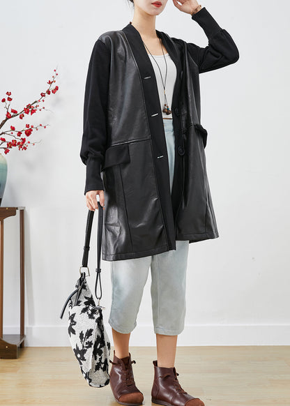 Black V Neck Patchwork Faux Leather Coat Fall