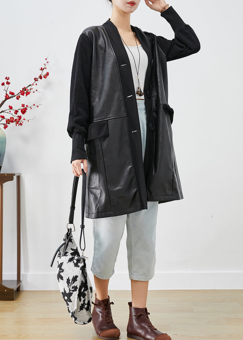 Black V Neck Patchwork Faux Leather Coat Fall