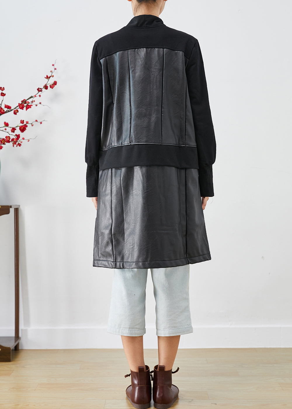 Black V Neck Patchwork Faux Leather Coat Fall