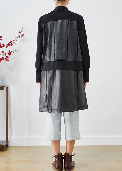 Black V Neck Patchwork Faux Leather Coat Fall