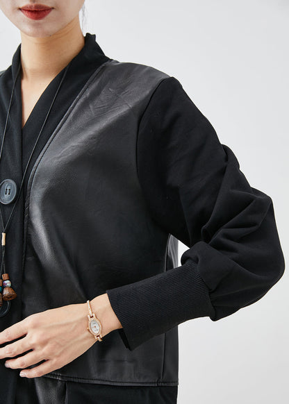 Black V Neck Patchwork Faux Leather Coat Fall