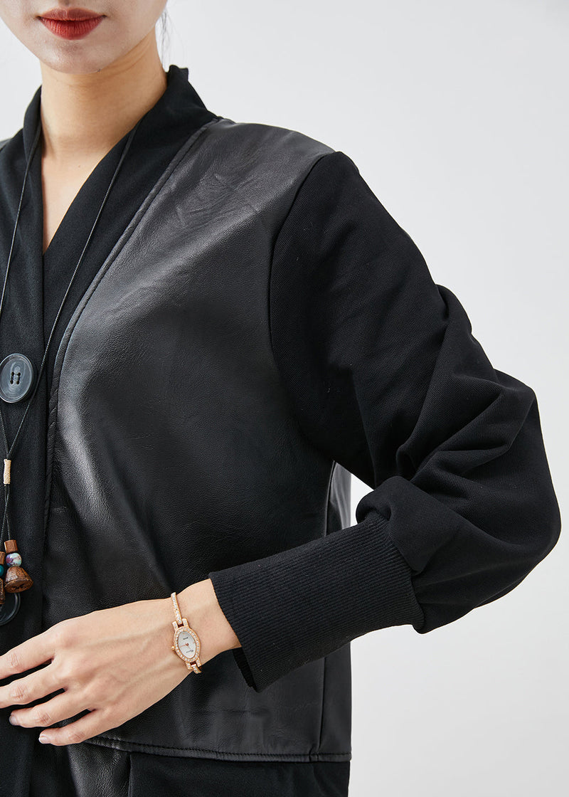 Black V Neck Patchwork Faux Leather Coat Fall