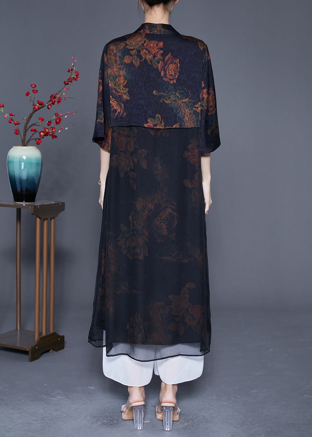 Black V Neck Patchwork Silk Cardigan Summer