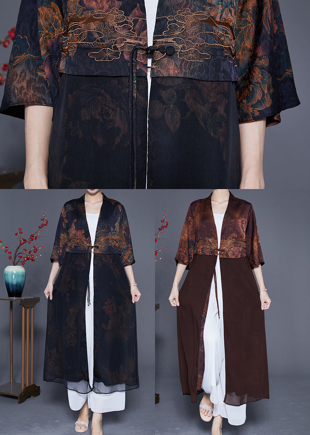 Black V Neck Patchwork Silk Cardigan Summer