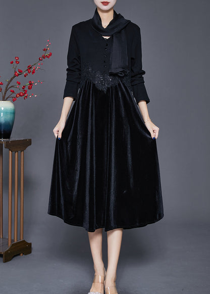 Black V Neck Patchwork Silk Velour Maxi Dresses Fall