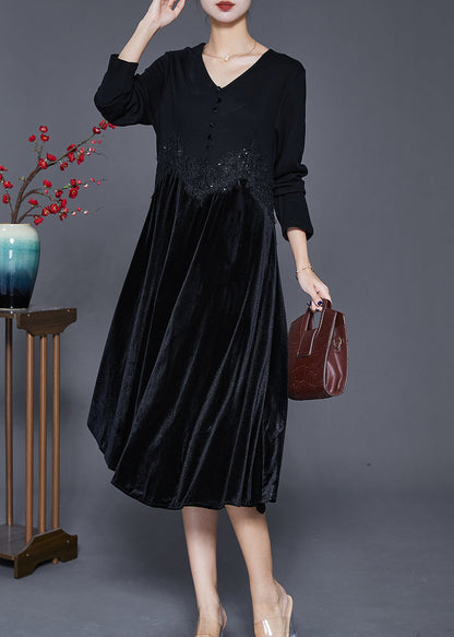 Black V Neck Patchwork Silk Velour Maxi Dresses Fall