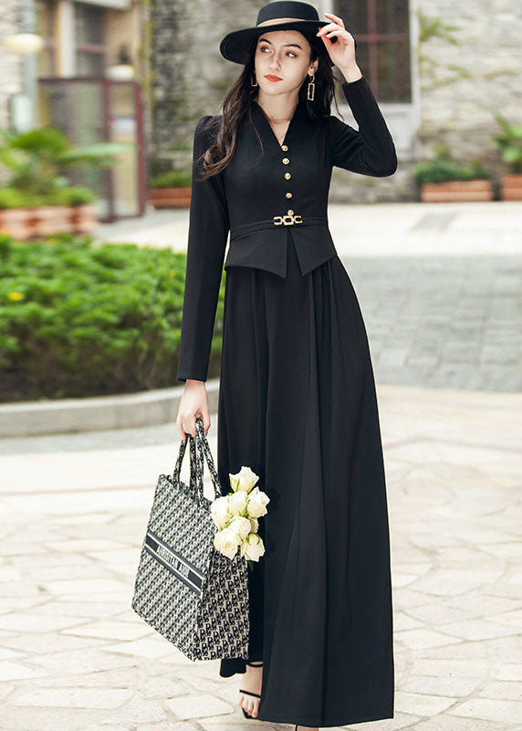 Black V Neck Patchwork Slim Fit Spandex Long Dresses Fall